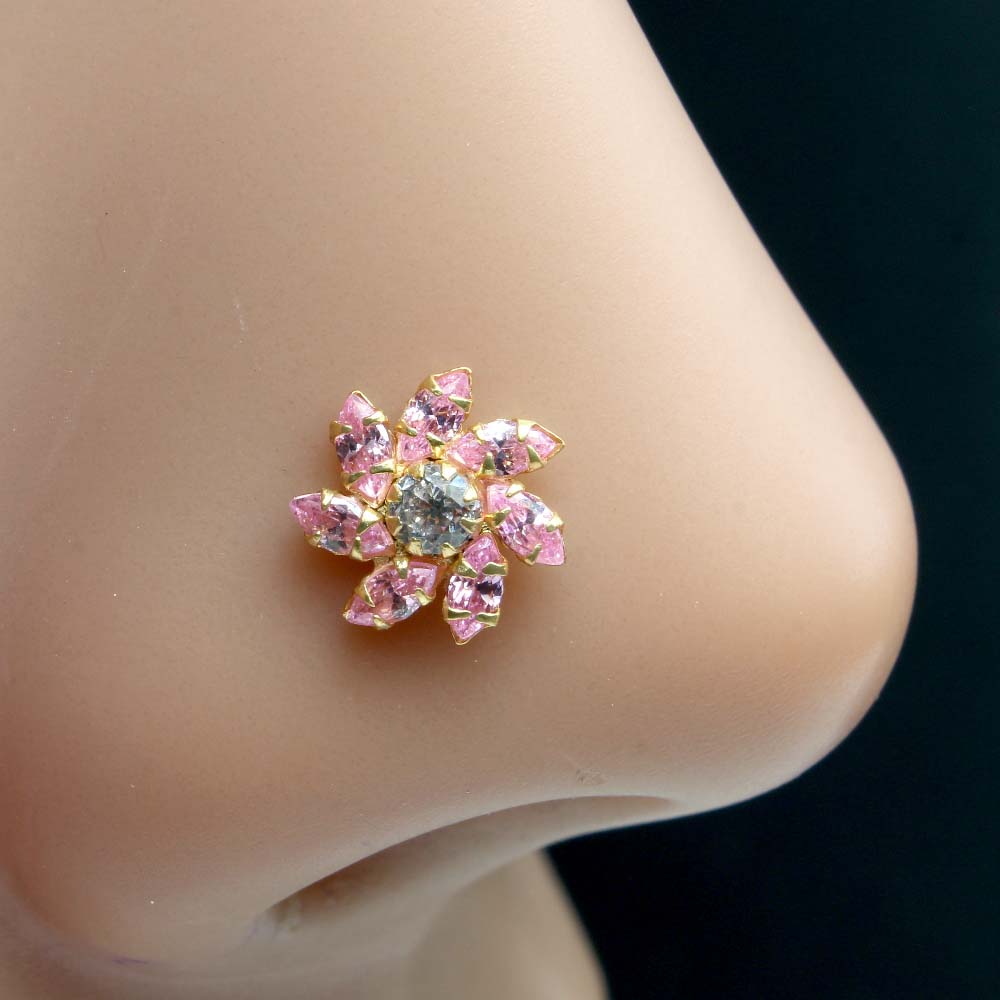 Flower Style Gold Plated Nose Stud Pink White CZ Twisted nose ring 20g