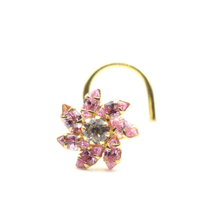 Flower Style Gold Plated Nose Stud Pink White CZ Twisted nose ring 20g