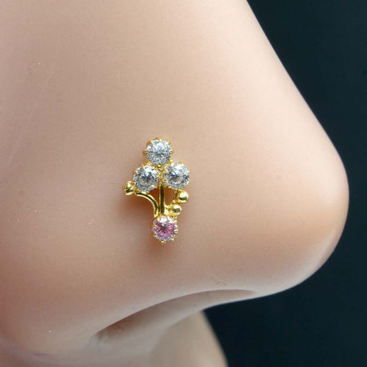 Indian Vertical Gold Plated Nose Stud CZ Twisted nose ring 20g