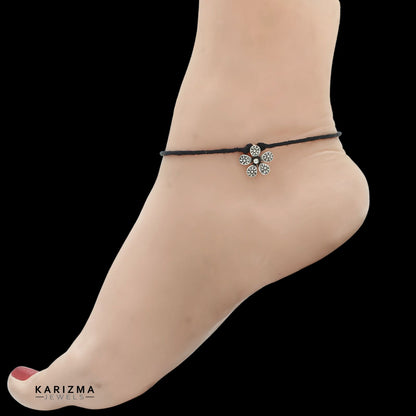 925 Sterling Silver Oxidized Flower charm with black thread Women single Anklet