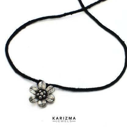 925 Sterling Silver handmade Oxidized flower Charm with black thread Women single Anklet