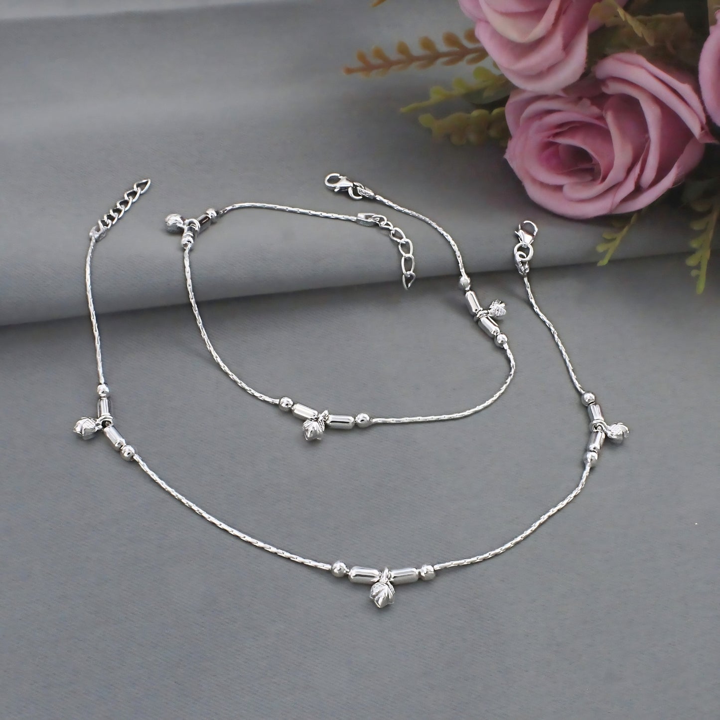 Real Silver Leaf Charm Beaded Stylish Payal Anklet - Pair