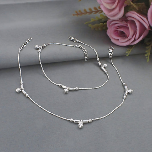 Real Silver Leaf Charm Beaded Stylish Payal Anklet - Pair