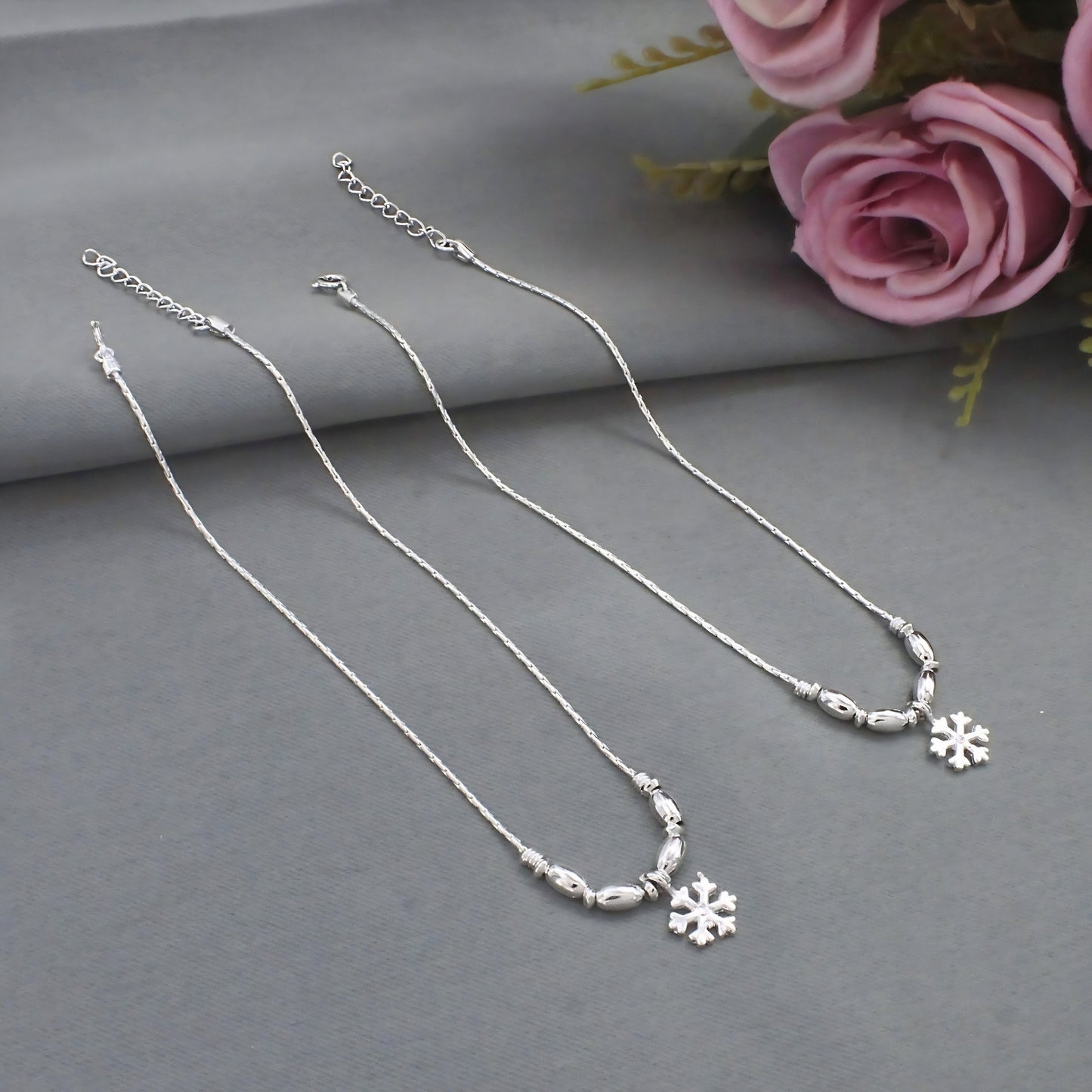 Unique Real Silver Snowflake Charm Payal Anklet - Pair