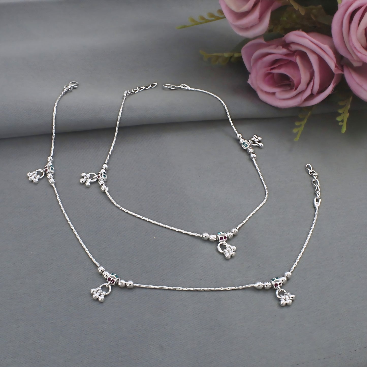 Real Silver Chain Anklet with Jingle Bells Charms Payal