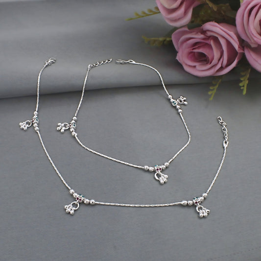 Real Silver Chain Anklet with Jingle Bells Charms Payal