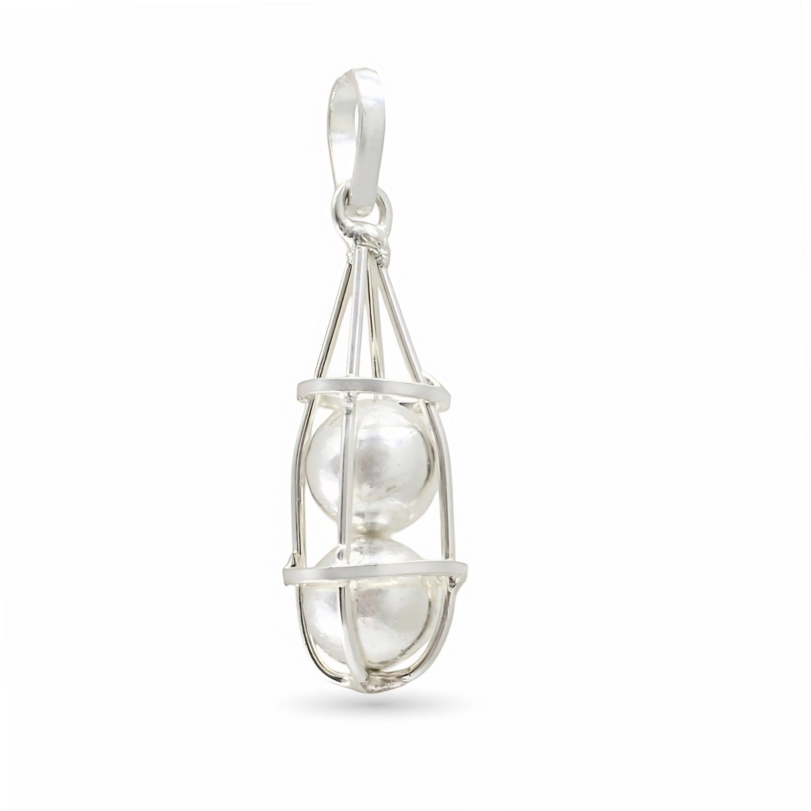 A silver pendant shaped like an hourglass cage holding two silver spheres, hanging vertically against a plain white background.
