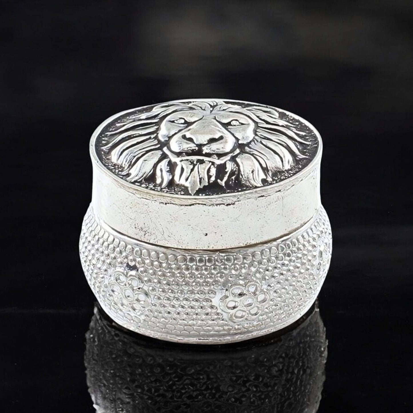 Real Silver Honey Container Oxidized Lion face Dibbi for Red Book Remedy