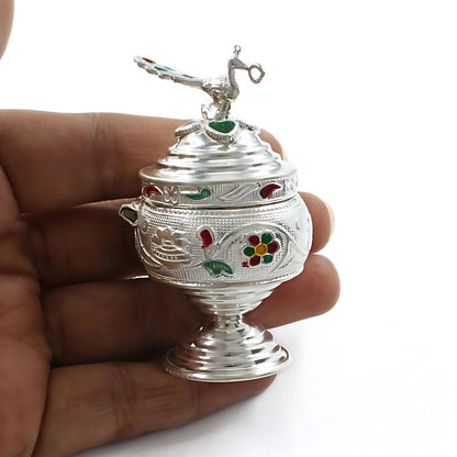 Real Silver Honey Container Enamel peacock design Dibbi for Red Book Remedy
