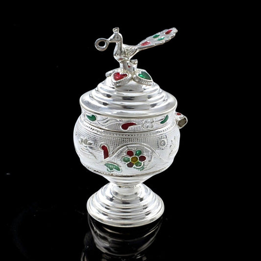 Real Silver Honey Container Enamel peacock design Dibbi for Red Book Remedy