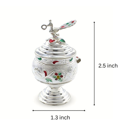 Real Silver Honey Container Enamel peacock design Dibbi for Red Book Remedy
