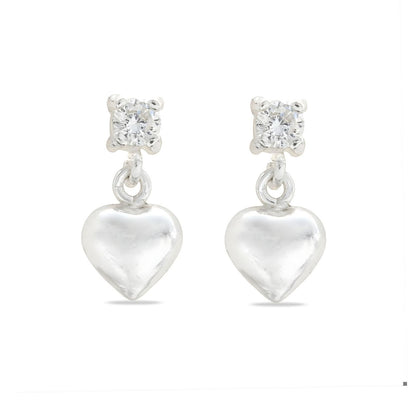 Cute 925 Real Sterling Silver White CZ girlish Plain Heart Drop stud Earrings - Pair