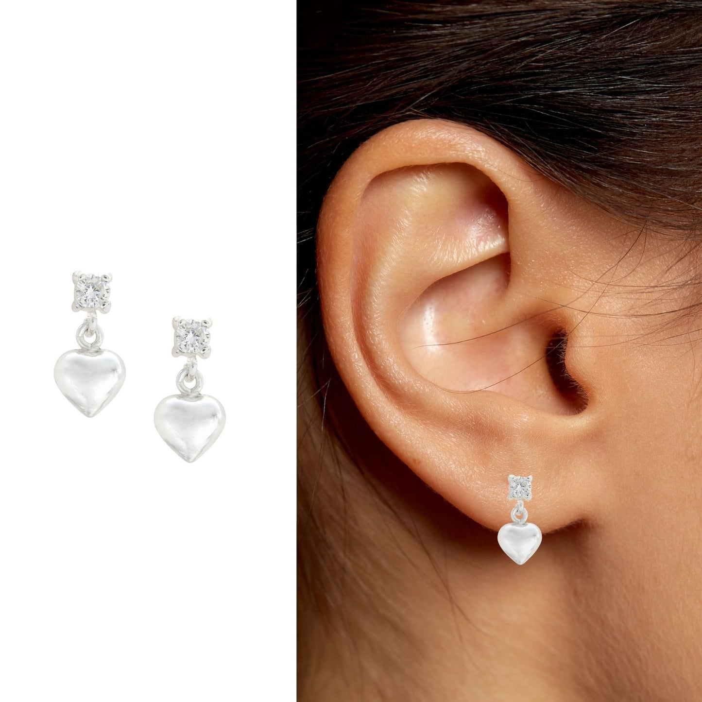 Cute 925 Real Sterling Silver White CZ girlish Plain Heart Drop stud Earrings - Pair