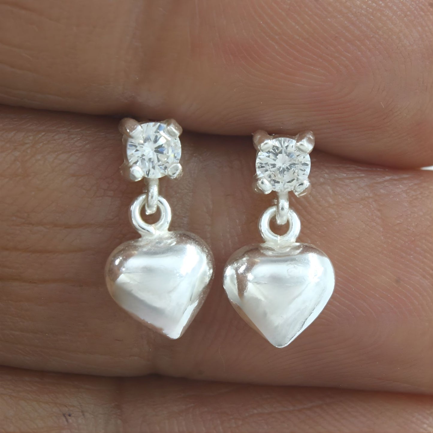 Cute 925 Real Sterling Silver White CZ girlish Plain Heart Drop stud Earrings - Pair