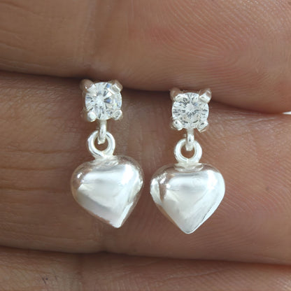 Cute 925 Real Sterling Silver White CZ girlish Plain Heart Drop stud Earrings - Pair