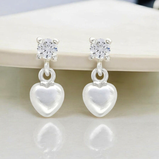Divine 925 Real Sterling Silver White CZ girlish Plain Heart Drop stud Earrings - Pair