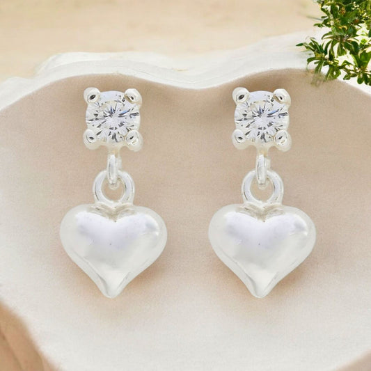 925 Real Sterling Silver White CZ stud Earrings Plain Heart Drop - Pair