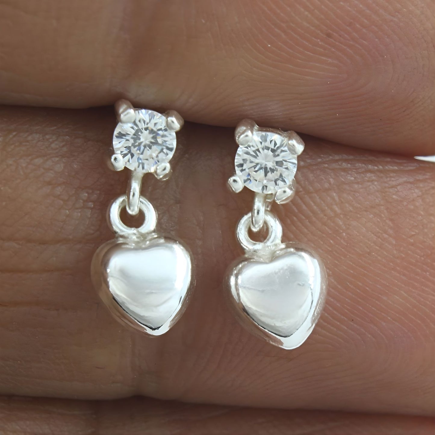 Divine 925 Real Sterling Silver White CZ girlish Plain Heart Drop stud Earrings - Pair