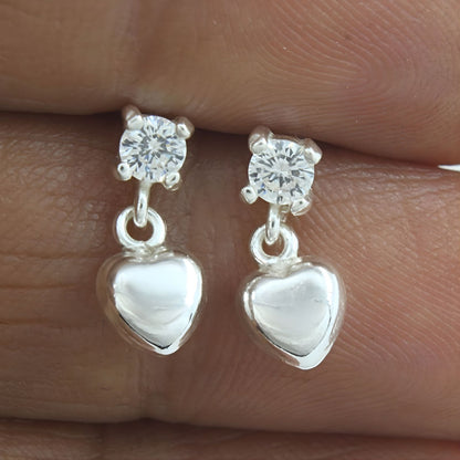 Divine 925 Real Sterling Silver White CZ girlish Plain Heart Drop stud Earrings - Pair