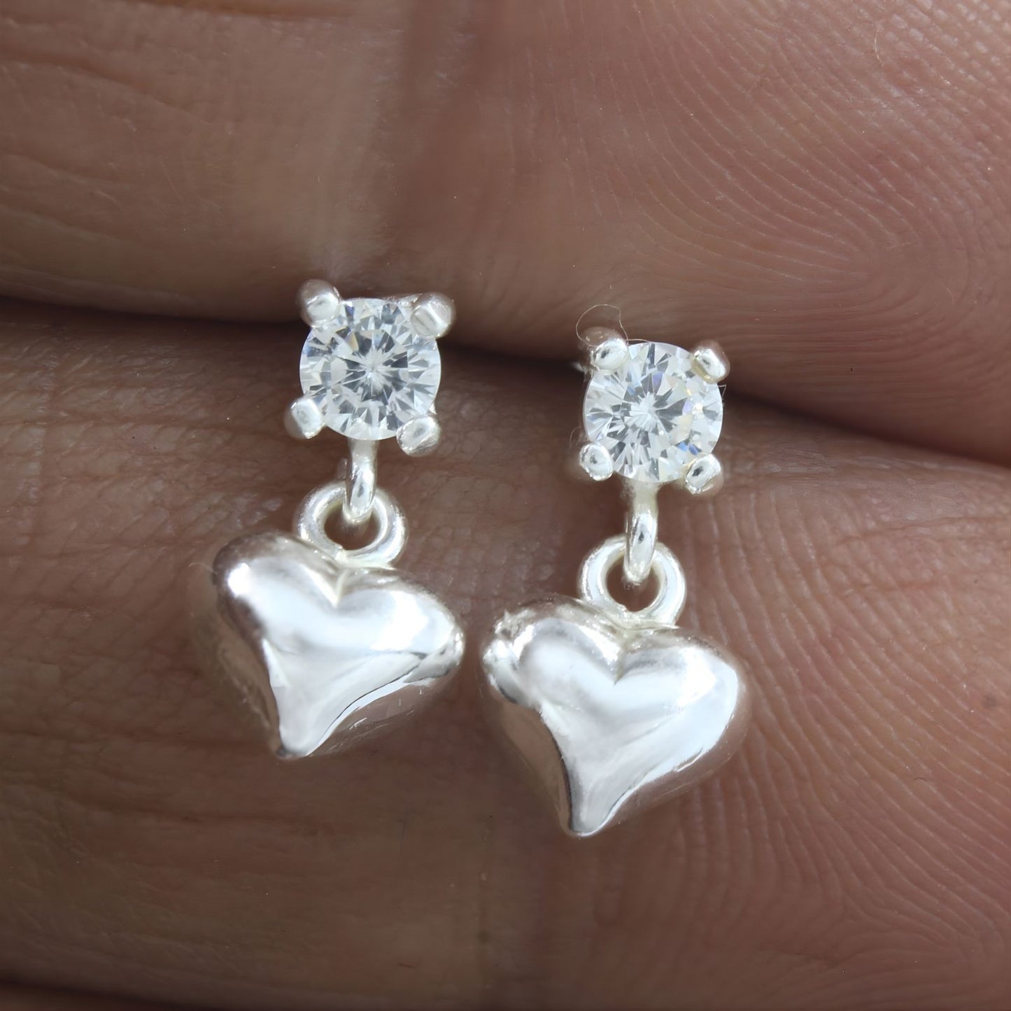 925 Real Sterling Silver White CZ stud Earrings Plain Heart Drop - Pair