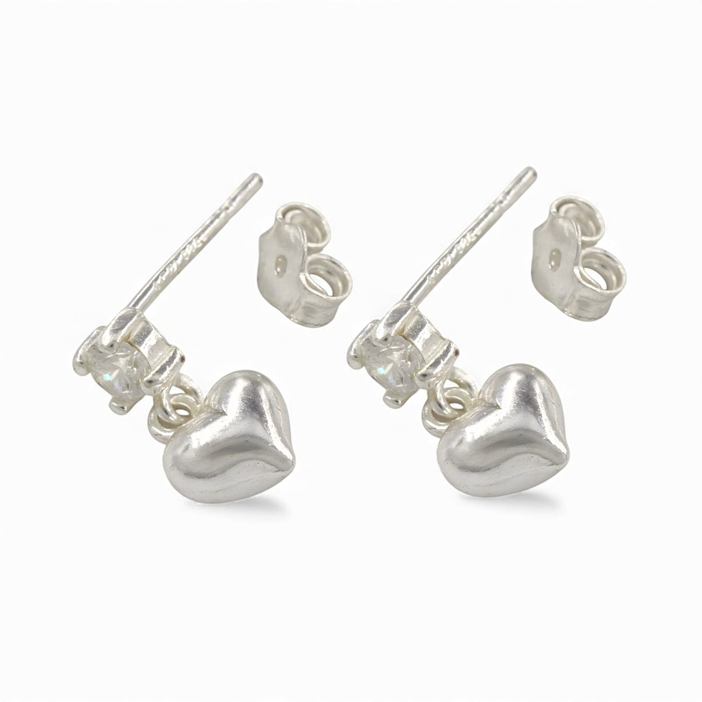 925 Real Sterling Silver White CZ stud Earrings Plain Heart Drop - Pair
