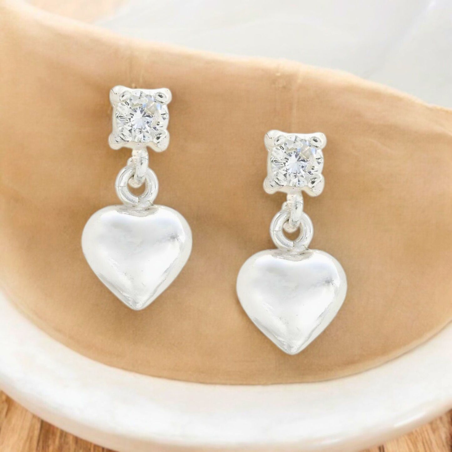 Cute 925 Real Sterling Silver White CZ girlish Plain Heart Drop stud Earrings - Pair