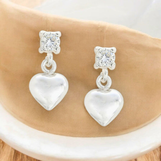 Cute 925 Real Sterling Silver White CZ girlish Plain Heart Drop stud Earrings - Pair