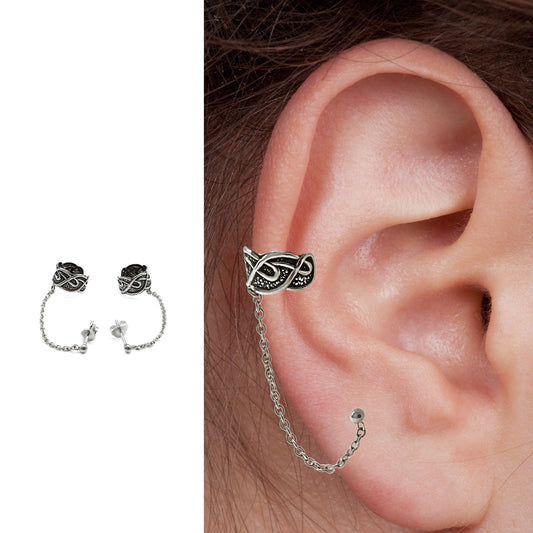 Real Silver Women Oxidized Chain Ear Cuff Earrings