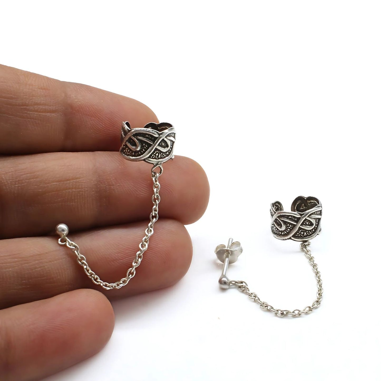 Real Silver Women Oxidized Chain Ear Cuff Earrings