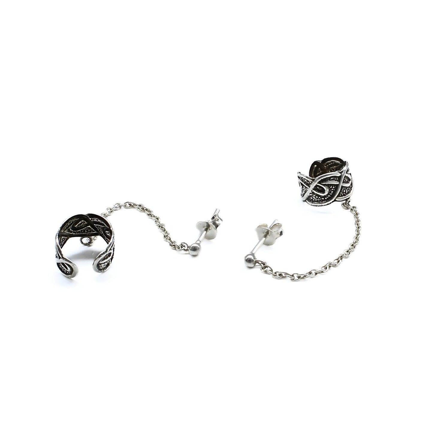 Real Silver Women Oxidized Chain Ear Cuff Earrings