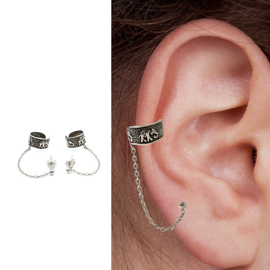 Real Silver Women Oxidized Ear Cuff With Chain Earrings