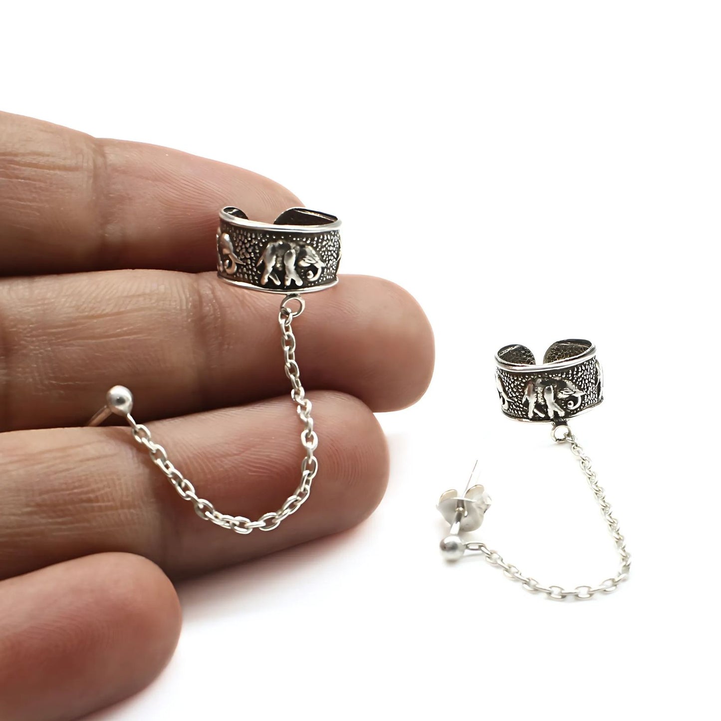 Real Silver Women Oxidized Ear Cuff With Chain Earrings