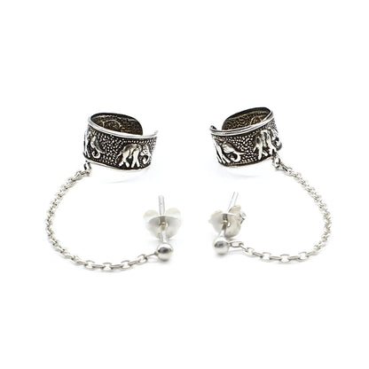 Real Silver Women Oxidized Ear Cuff With Chain Earrings