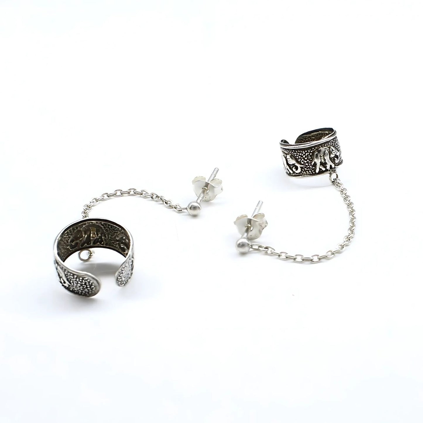 Real Silver Women Oxidized Ear Cuff With Chain Earrings