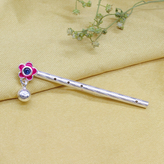 Real Silver Flute Flower Meenakari Bansuri for Lord Krishna, Janmashthami Pooja
