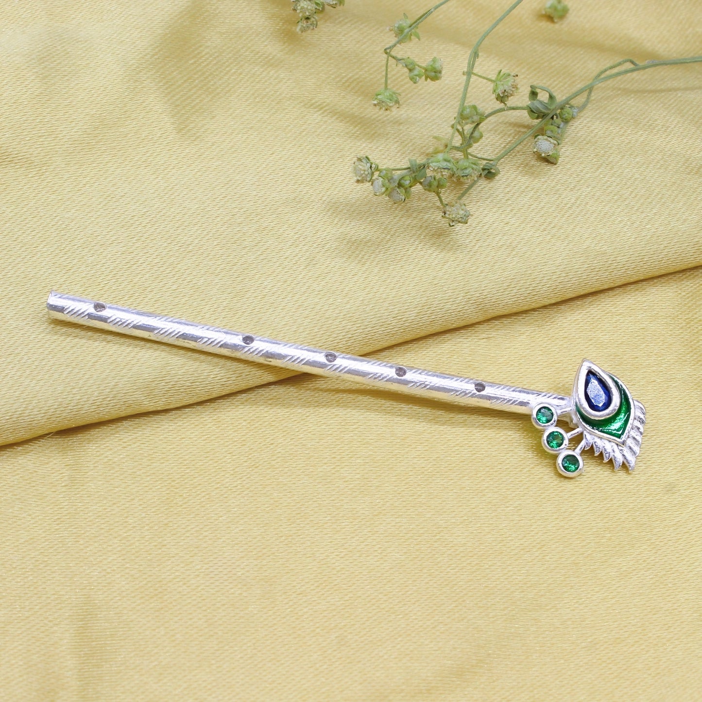 Silver Flute Basuri Peacock Feather (Mor Pankh) Design