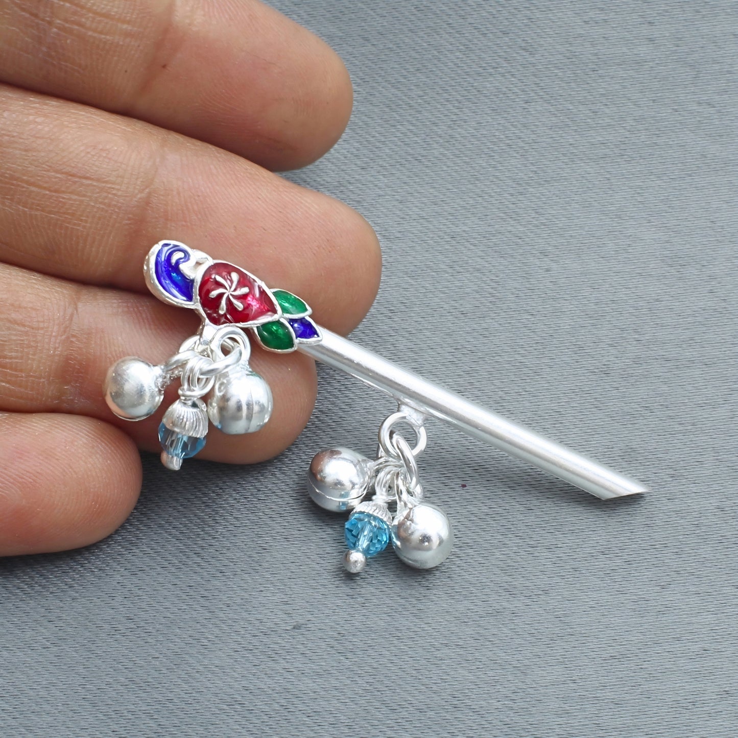 Real Silver Meenakari Krishna Laddu Gopal Ghungroo Flute (Bansuri)