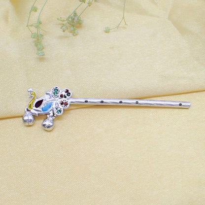 Peacock Design Real Silver Krishna Flute Basuri for Pooja Use