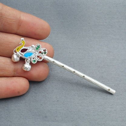 Peacock Design Real Silver Krishna Flute Basuri for Pooja Use