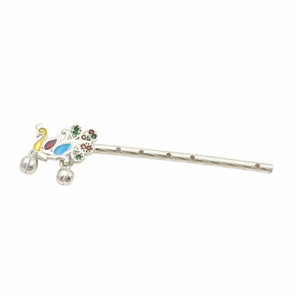 Peacock Design Real Silver Krishna Flute Basuri for Pooja Use