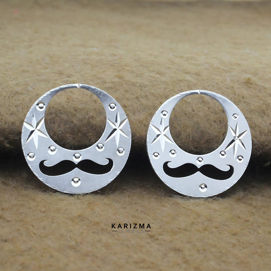 Real Sterling Silver Round stylish Moon Shaped MOUSTACHE Nattiyan (Nanti) earring for Men