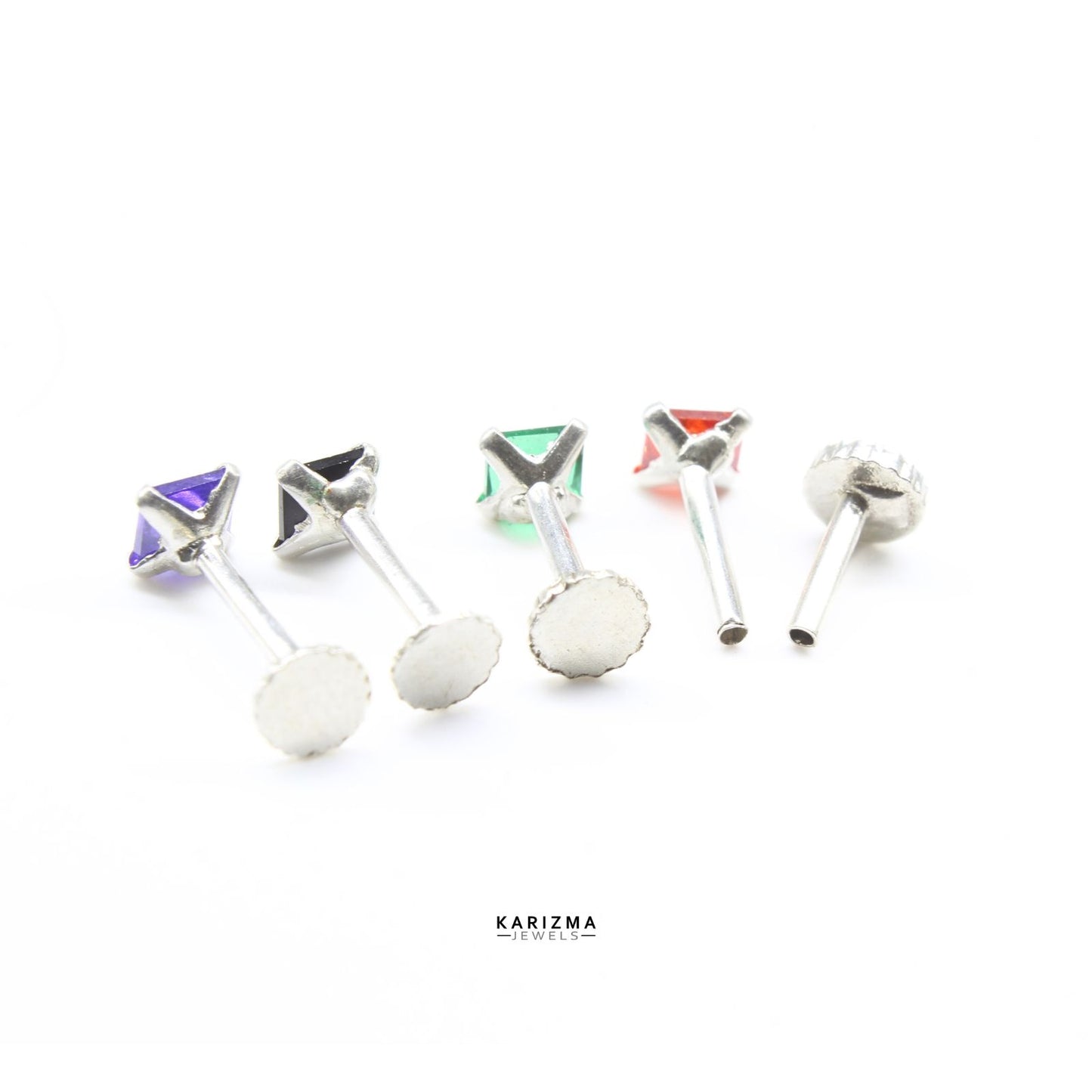 4pc set Silver Square style Nose stud CZ nose ring Push Pin