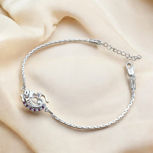 Real Silver Bracelet Pink CZ Om Rakhi 6"