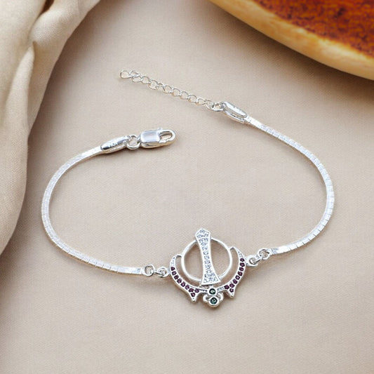 Real Silver Bracelet Multi CZ khalsa symbol Rakhi 8"