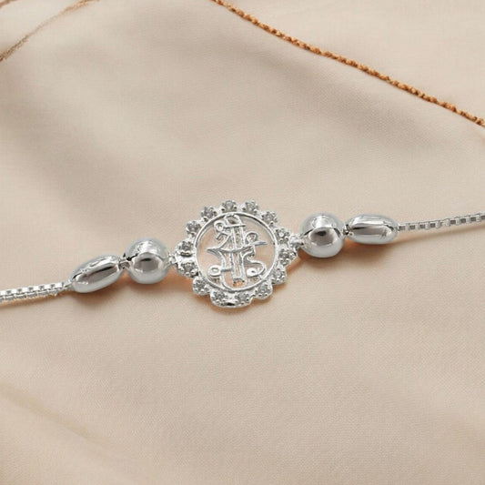 925 Real Silver Bracelet White cz Shri Sai Rakhi  7.8"