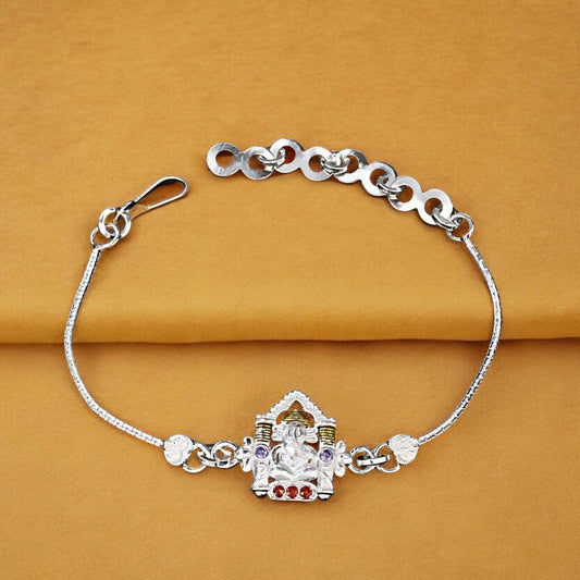 Real Silver Bracelet handmade CZ Ganesh Rakhi 6.3"