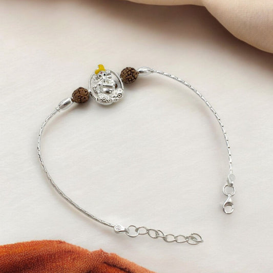 925 Real Silver Bracelet Rudraksha Ganesha Rakhi 7.5"