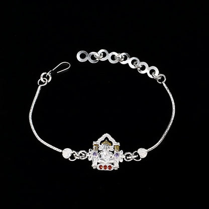 Real Silver Bracelet handmade CZ Ganesh Rakhi 6.3"