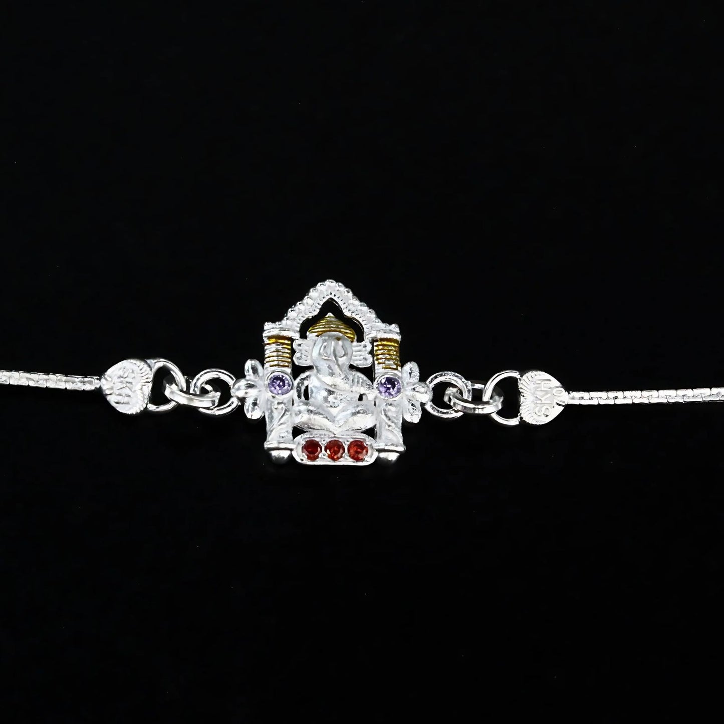 Real Silver Bracelet handmade CZ Ganesh Rakhi 6.3"