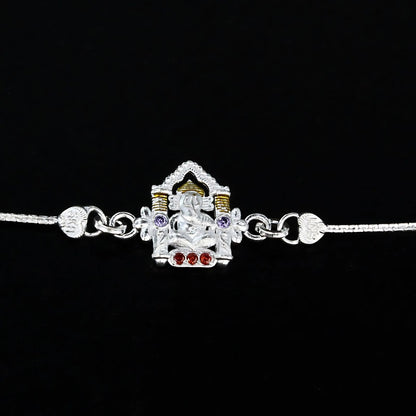 Real Silver Bracelet handmade CZ Ganesh Rakhi 6.3"